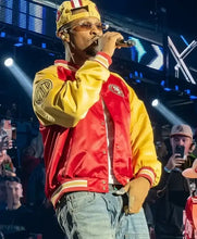 Red and yellow satin bomber jacket with rib-knitted collar