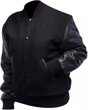 Black Rib-Knitted Cuffs-Hems Wool Varsity Jacket for Men