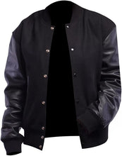 Black Rib-Knitted Cuffs-Hems Wool Varsity Jacket for Men