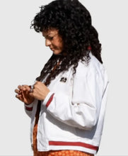 Alia Shawkat white bomber jacket with ribbed collar