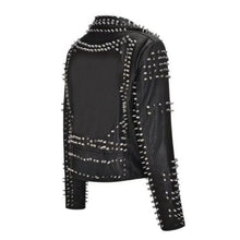 Black studded leather jacket with silver spikes, edgy punk style for men and women