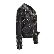 Black studded leather biker jacket with punk rock spikes, trendy men's and women's fashion