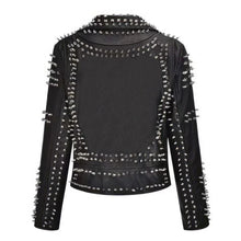 Black studded leather jacket for men and women, edgy punk style with silver spikes