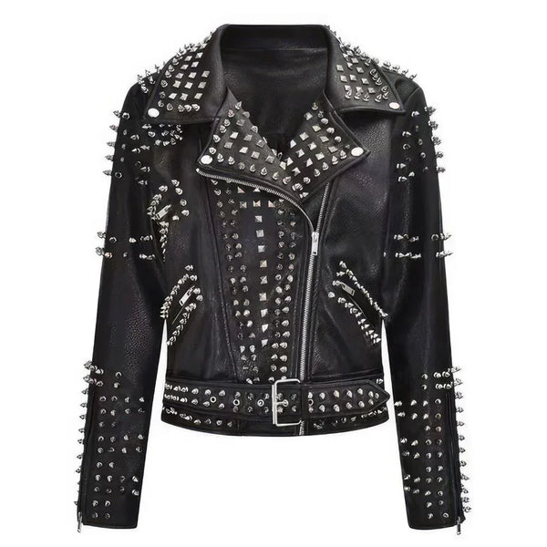 Black studded leather biker jacket for men and women, edgy punk style with silver spikes and belt