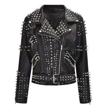 Black studded leather biker jacket for men and women, edgy punk style with silver spikes and belt