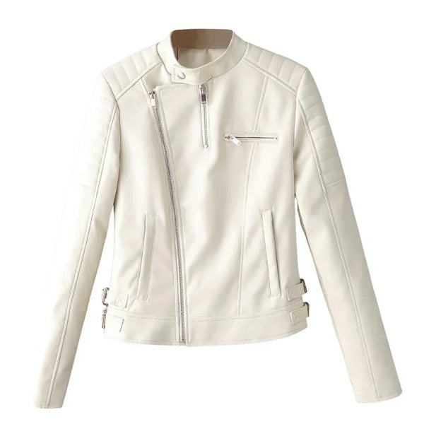 Cream white women's faux leather moto jacket with zipper pockets and quilted shoulders