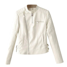 Cream white women's faux leather moto jacket with zipper pockets and quilted shoulders