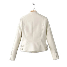 Cream white women's leather jacket with back buckles and zipper sleeves, trendy biker style