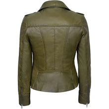 Olive green women's leather jacket with back seam detailing and zipper cuffs