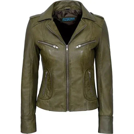 Olive green women's leather jacket with zippers and pockets, stylish biker design for casual wear