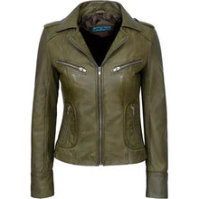 Olive green women's leather jacket with zippers and pockets, stylish biker design for casual wear
