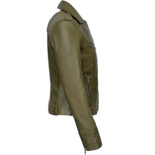 Olive green leather biker jacket with zippers, side pockets, and classic collar for men or women
