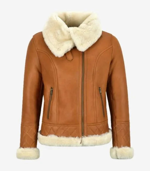 Premium women's fur lined brown leather bomber jacket
