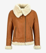 Premium women's fur lined brown leather bomber jacket