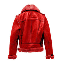 Red shearling leather jacket with hood, back view, cozy winter style for men and women
