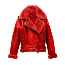 Red shearling biker jacket with plush collar and cuffs, stylish women's winter outerwear