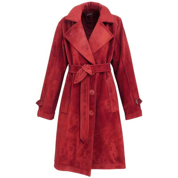 Red  Genuine Suede Elegant Crossover Lapel Collar Trench Coat For Women