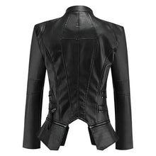 Black women's leather jacket with back zipper detail and tailored fit, stylish moto design