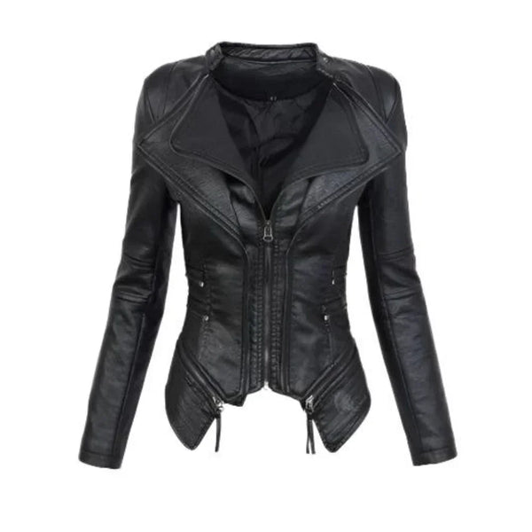 Black women's faux leather biker jacket with asymmetrical zipper and side pockets