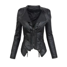 Black women's faux leather biker jacket with asymmetrical zipper and side pockets