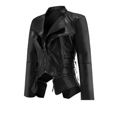 Black women's faux leather biker jacket with asymmetrical zipper and side pockets, stylish moto design