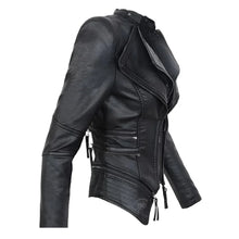 Black women's biker leather jacket with asymmetrical zipper and side zippers, trendy moto style