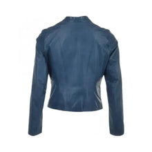 Blue women's cropped leather jacket, back view, stylish and trendy design