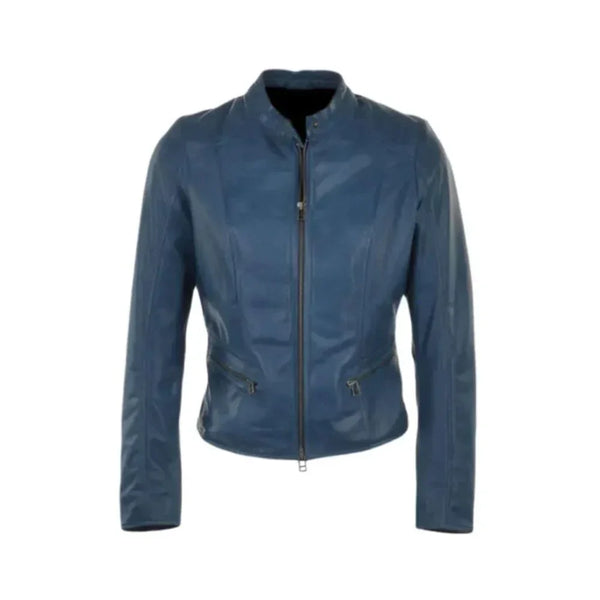 Blue women's leather jacket with front zipper and side pockets, stylish and trendy design