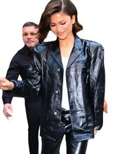 Zendaya The Odyssey Press Tour 2026 black leather blazer