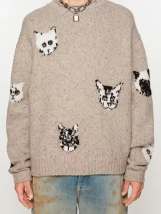 Beef Oscar Isaac Cat Print Knit Sweater