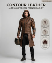 Men’s Brown Leather Modular Hooded Duster Coat – Detachable Hood & Lower Duster, Gothic Biker Jacket