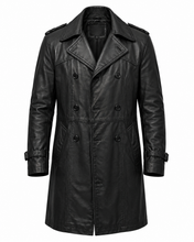 Black leather movie coat with lapel collar