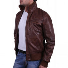 Brown Men Leather Bomber Jacket