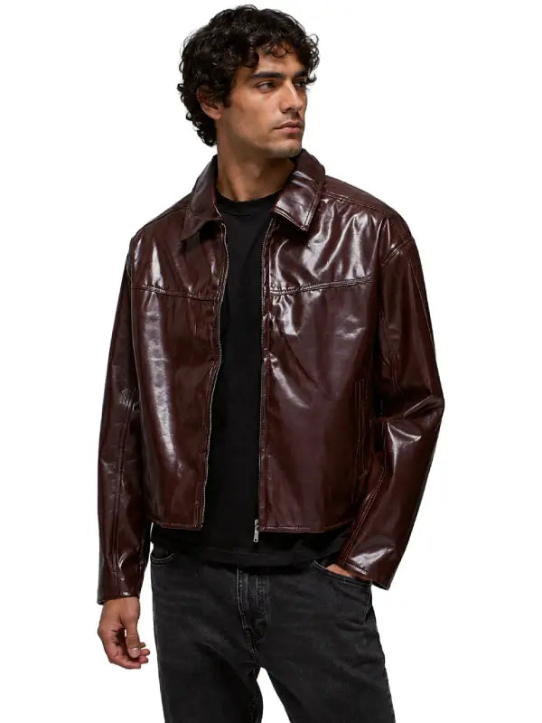 Men's Boxy Burgundy PU Harrington Jacket