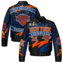 New York Knicks JH Design Navy/Orange 2026 NBA Finals Champions Limited-Edition Swarovski Crystal Leather Full-Snap Jacket