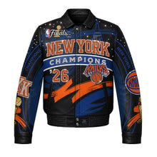 New York Knicks JH Design Navy/Orange 2026 NBA Finals Champions Limited-Edition Swarovski Crystal Leather Full-Snap Jacket