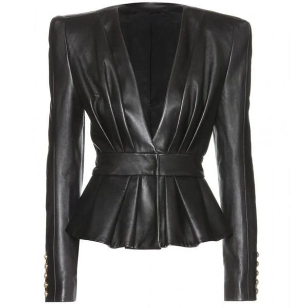 Women Black Leather Peplum Balmain Jacket